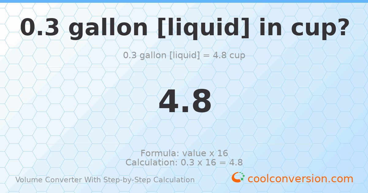 0.3 gallons [liquid] = 4.8 cups